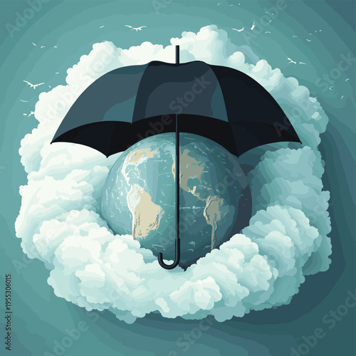 A globe sheltered under a black umbrella against a stormy, cloudy backdrop , vector style simple color