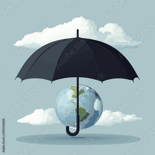 A globe sheltered under a black umbrella against a stormy, cloudy backdrop , vector style simple color