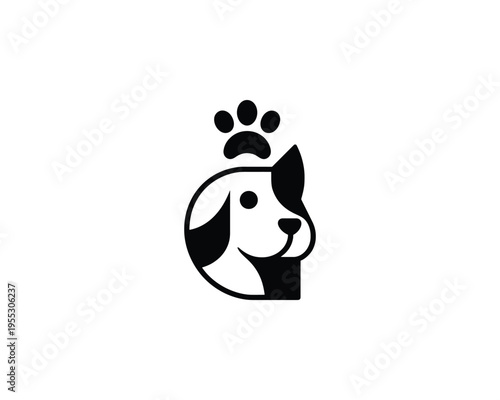 Dog Head with Paw Print Logo Symbol Pet Care Veterinary Clinic Black and White