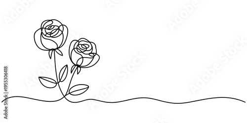 Black line of two roses on wavy line roses flowers black and white minimalist simple