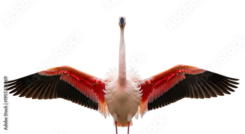 flamingo in flight with spread wings against white background