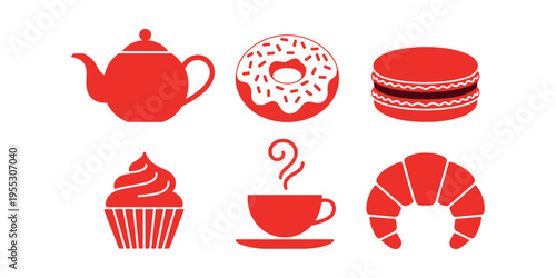 Red of baked goods and tea teapot donut in white background.