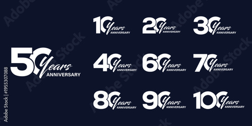 A comprehensive collection of white anniversary celebration logos from ten to one hundred years