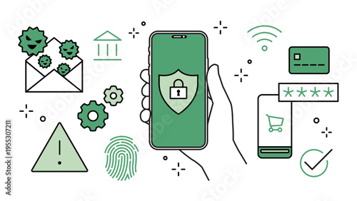 Smartphone Cybersecurity with Security Icons, Variable Stroke Width