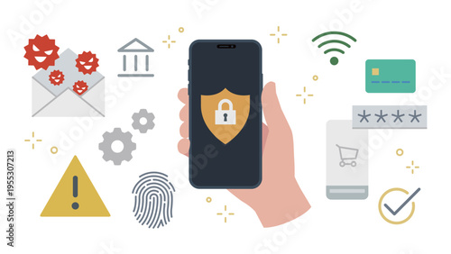 Smartphone Cybersecurity with Security Icons, Variable Stroke Width