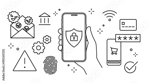 Smartphone Cybersecurity with Security Icons, Variable Stroke Width