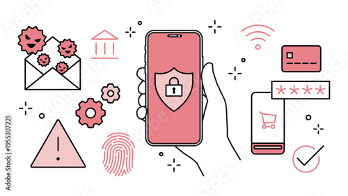 Smartphone Cybersecurity with Security Icons, Variable Stroke Width