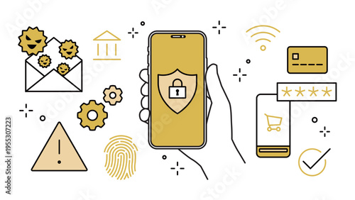 Smartphone Cybersecurity with Security Icons, Variable Stroke Width