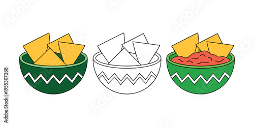 Three bowls of chips with dips tortilla chips salsa in white background.
