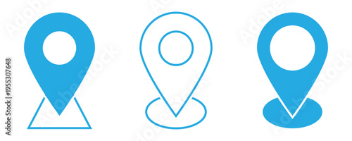 Location map pins icons set. Blue markers on white background. This symbol use for travel, business, maps, GPS, navigation apps, location markers, address indications, geolocation, and UI interfaces. 