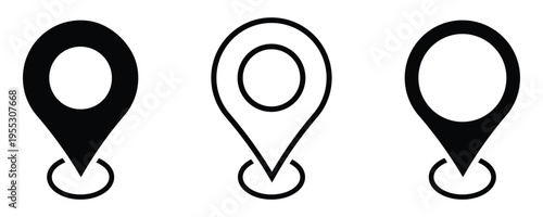 Black location, map, and pin icon collection. GPS, place, markers, pointing, position, and navigation icons set.  This location icons set isolated  on white background.. Vector illustration.