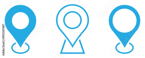 Location map pins icons set. Blue markers on white background. This symbol use for travel, business, maps, GPS, navigation apps, location markers, address indications, geolocation, and UI interfaces. 