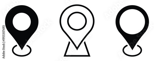 Black location, map, and pin icon collection. GPS, place, markers, pointing, position, and navigation icons set.  This location icons set isolated  on white background.. Vector illustration.