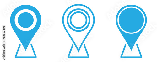 Blue navigation interface icons set. Stylized blue location pin icons illustration marking a point on map for directions and navigation. This icons isolated on white background. Eps10
