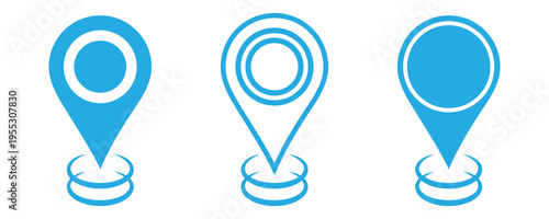 Blue navigation interface icons set. Stylized blue location pin icons illustration marking a point on map for directions and navigation. This icons isolated on white background. Eps10