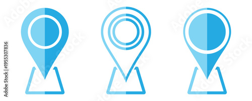 Blue navigation interface icons set. Stylized blue location pin icons illustration marking a point on map for directions and navigation. This icons isolated on white background. Eps10