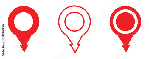 Red location pin symbol collection start here with map icon set. Start here map pointer signs. Flat location pin pointers and map markers for navigation , travel, destination and GPS interface design.