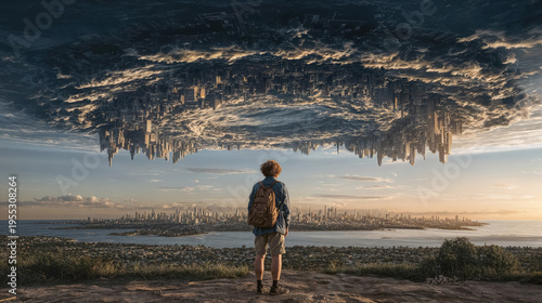 Teen stands gazing at inverted futuristic city in surreal sky landscape