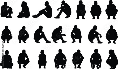 Collection of human silhouettes in sitting and squatting positions, abstract body postures with varied arm and leg placement for design, study, animation reference
