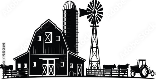 Traditional farm silhouette scene with barn, silo, windmill, tractor, cows, fenced livestock area representing rural agriculture, countryside lifestyle, and farming illustration design