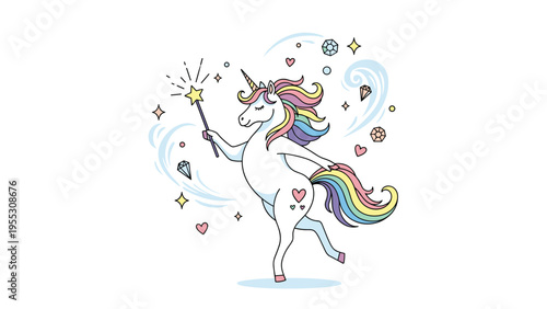 Beautiful white unicorn with a rainbow mane and tail performing magic with a star wand surrounded by sparkling gems and hearts.
