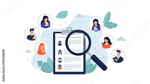 Recruitment concept showing a clipboard with a candidate list being inspected by a magnifying glass surrounded by various profile icons.