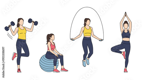 Group of active women engaged in different workout routines including weightlifting, exercising on a gym ball, jumping rope, and yoga.