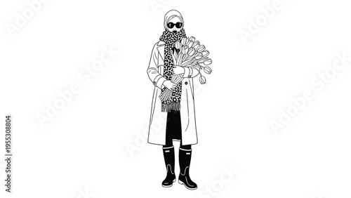 Elegant woman in coat and leopard scarf holding bouquet of tulips, representing spring fashion and beauty in minimalist style.