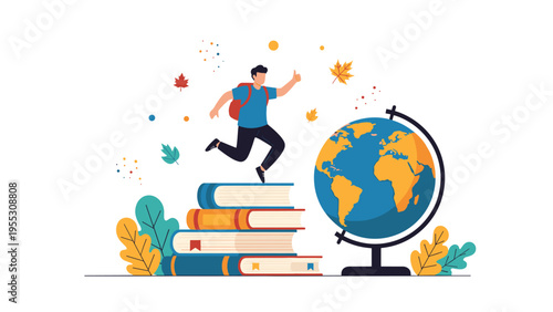 Enthusiastic student jumping over stacks of books towards globe, representing global education journey and academic achievement.