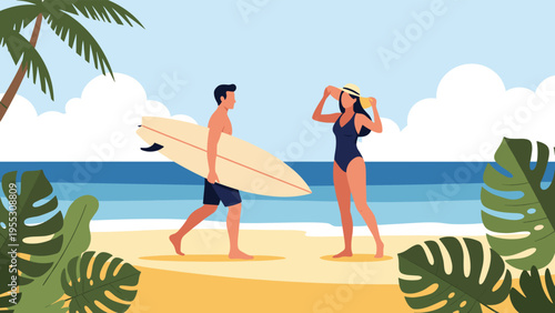 Young man and woman at tropical beach with surfboard, enjoying summer holiday and ocean sports by the sea with palm trees.