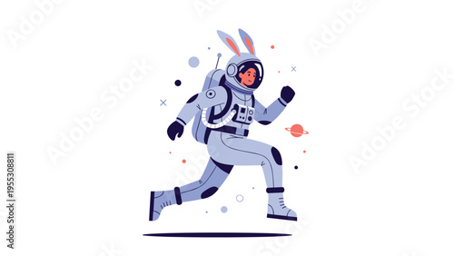 Creative astronaut wearing bunny ears running through outer space with planets, imaginative character for childhood dreams.