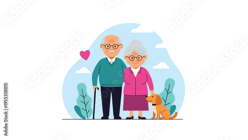 Happy senior couple standing with their pet dog, smiling elderly husband with cane and wife enjoying peaceful retirement life.
