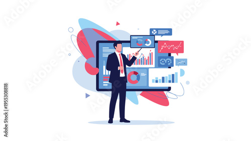 Confident businessman presenting financial reports on large digital screen, explaining corporate strategy and revenue growth.