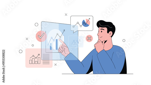 Business professional analyzing financial data with interactive charts and graphs, researching market trends for investment.