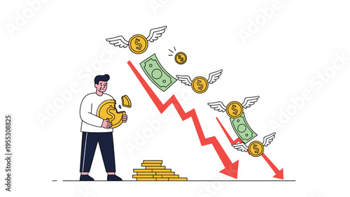 Stressed man holding broken coin as money flies away with wings, representing economic crisis, inflation, and financial loss.