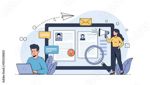 Human resources team searching for candidates with laptop and magnifying glass, recruiting talent through online job board.