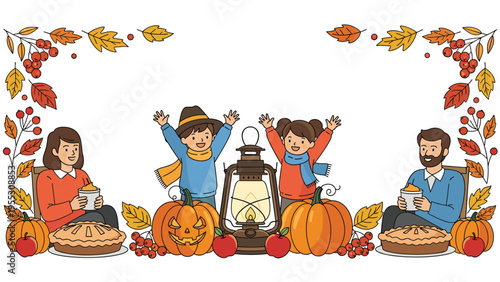 Happy family celebrating autumn harvest festival with pumpkins and pies, decorated with fall leaves and berries for thanksgiving.