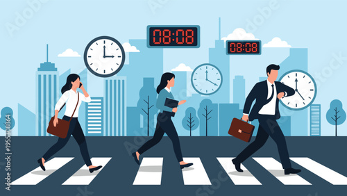 Busy office workers running on crosswalk in city during morning rush hour, representing time management and work life balance.