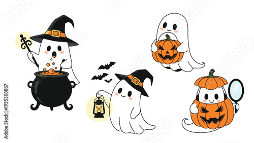Group of cute ghost characters in witch hats and pumpkin costumes, celebrating spooky halloween holiday with creative designs.