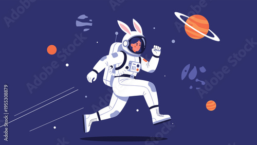 Imaginative astronaut with rabbit ears running through colorful space with planets, creative vector illustration for kids.