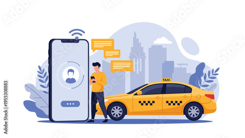 Young man ordering taxi with mobile app on smartphone, yellow cab waiting in front of city skyline with digital chat icons.