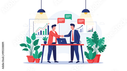Business partners shaking hands in modern office over data charts, reaching agreement or closing deal with successful handshake.