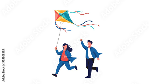 Happy couple running and flying kite together in the sky, enjoying carefree leisure activity and outdoor freedom on sunny day.