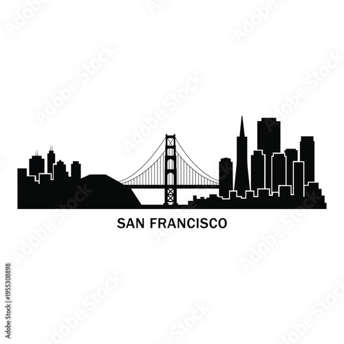 San Francisco skyline silhouette with Golden Gate Bridge, USA landmark cityscape, modern urban architecture black solid icon isolated on white