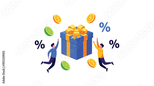 Group of happy people jumping for joy around a large blue gift box with yellow ribbons and falling coins to celebrate a special offer.