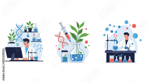 Set of biotechnology laboratory scenes showing scientists conducting research with plants and DNA for scientific and medical advancements.