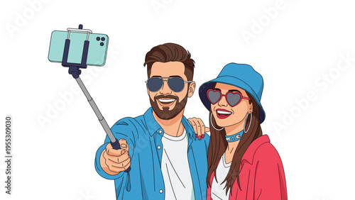 Young happy man and woman taking a selfie with a smartphone on a selfie stick while wearing fashionable clothes and sunglasses.