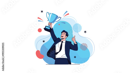 Successful businessman in a suit holding a blue trophy cup and giving a thumbs up to celebrate a major victory and achievement in work.