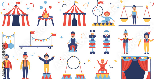 Circus elements set with tents performers props and decorations, carnival show collection for entertainment vector illustration