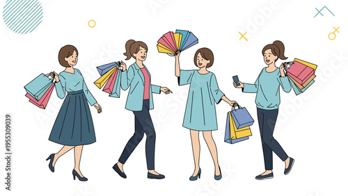 Group of fashionable young women carrying several colorful shopping bags while walking together after a successful retail therapy session.